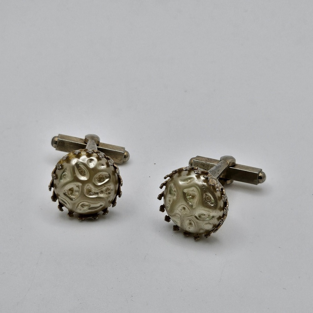 Vintage Cuff Links Silver Gold Tone Domed Irregular Cabochons Prong Mounted